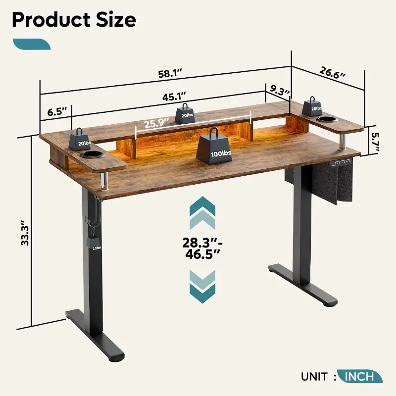 LED Electric Standing Desk with Adjustable Height, 58x26 Inch Large Sitting Desk with Monitor Stand