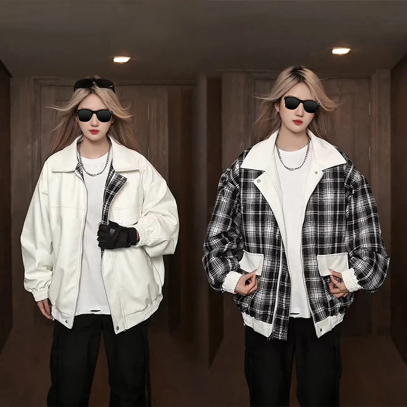 

Trendy Plaid Spliced Leather Jaet Men's Autumn Winter Faion Brand American Motorcycle Jaet Turn-down Collar Workwear Ba...