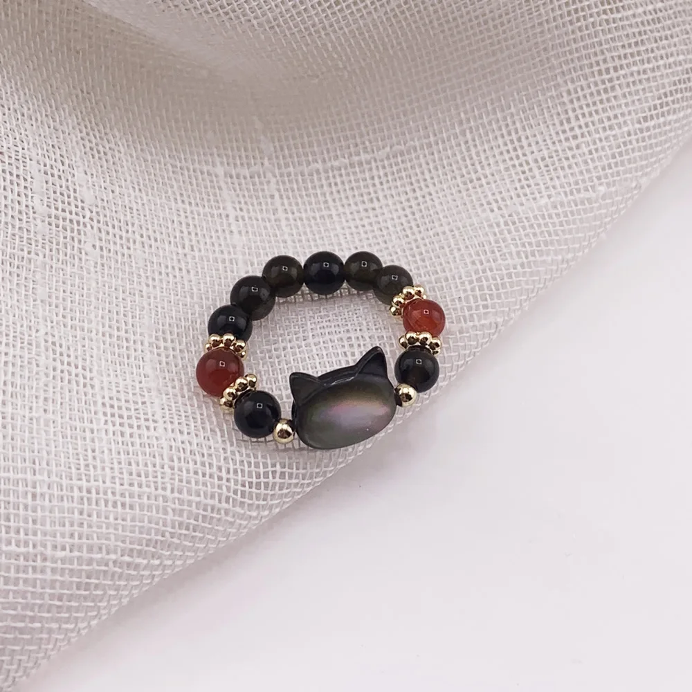Vintage Natural Black Obsidian Stone Rings for Women Men Red Agates Black Shell Cat Charm Strand Elastic Finger Rings Healing - view 6