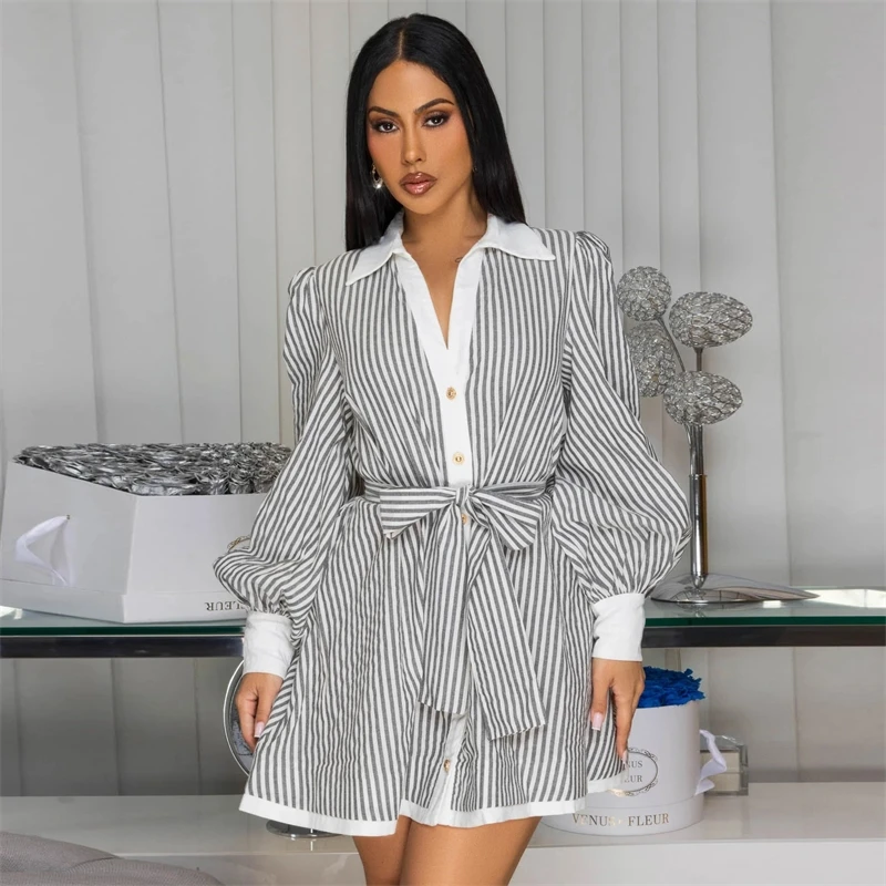 100% algodão manga longa listrado mini vestido para mulheres adolescentes e senhoras casual outono uso diário bonito a linha camisa estilo aconchegante