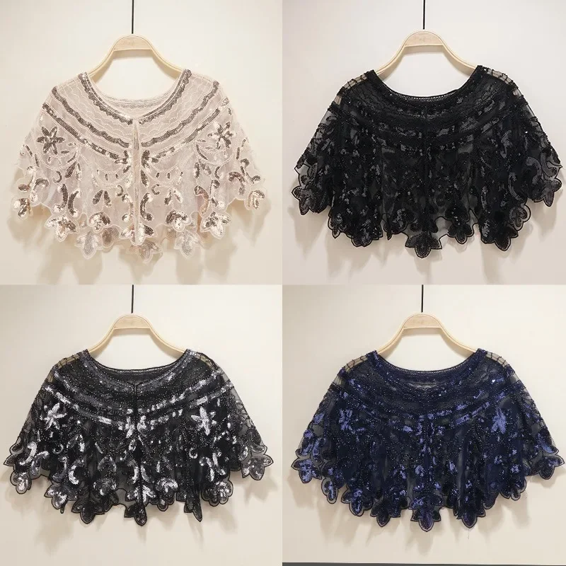 Women Sequin Beaded Short Cape for Wedding Party Short Cover Up Dress 1920s Vintage Sequin Shawl Mesh Short Dress Prom Shawl