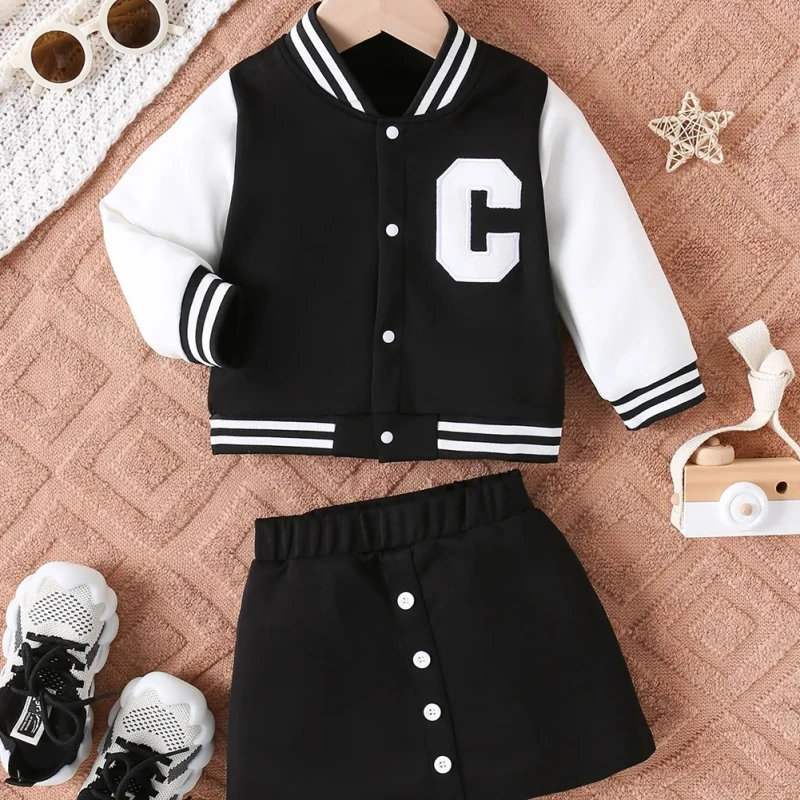 

Spring Autumn Baby Girls' Baseball Coat Short Skirt Two Piece Set Children's Girls Casual Fashion Sets Clothing