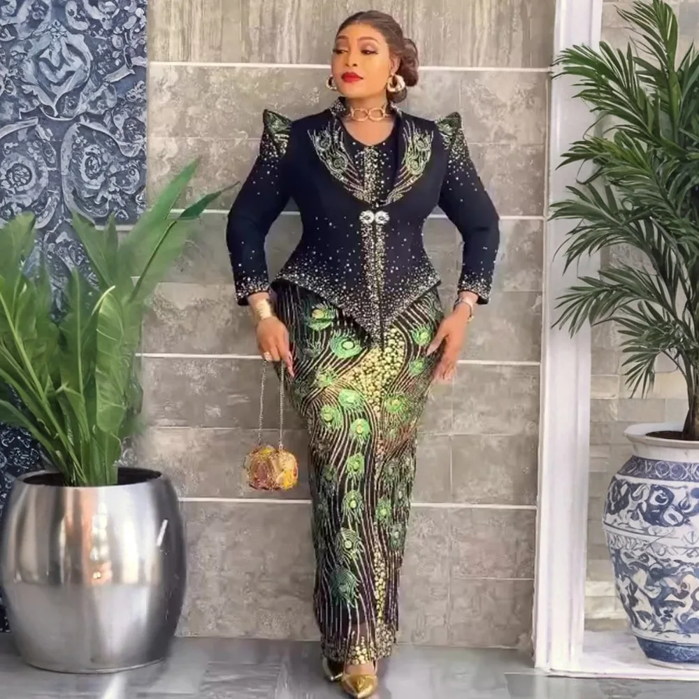 

Новинка 2026: Африканские наряды для женщин больших размеров, комплект из 2 предметов: вечернее платье-дашики с пайетками и длинное платье с жакетом для свадеб и торжеств, производство Турция