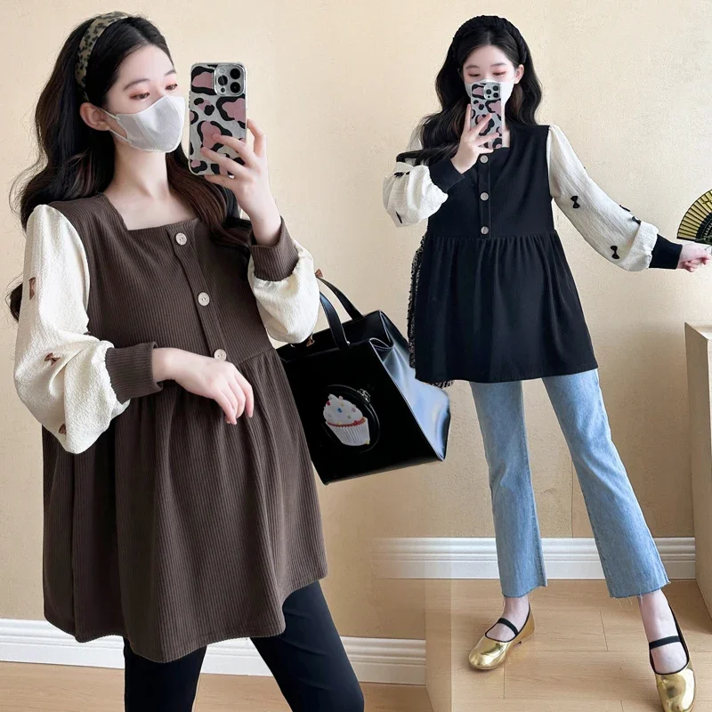 A Line Loose Blouse for Pregnant Women Patchwork Pregnancy Tops 2025 Autumn Winter Sweet Fashion Shirts for Maternity Elegant