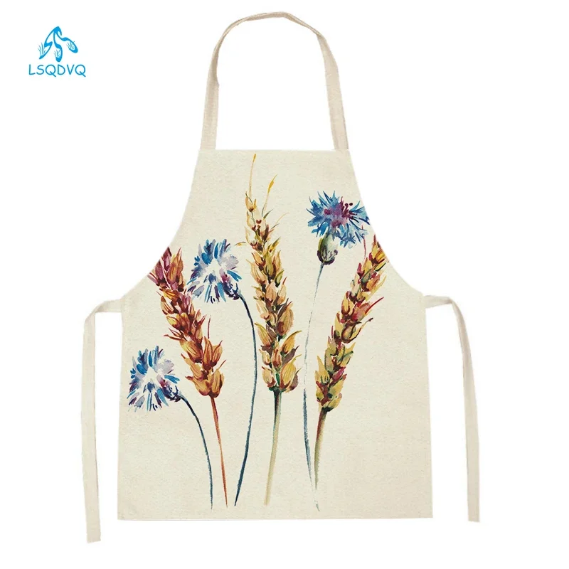 Women Men Cleaning Kitchen Aprons Household Wheat Flowers Pattern Cooking Aprons Baking Accessories Plants Household Pinafore