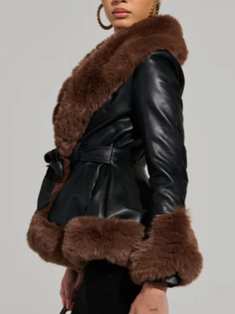 

Women Leather Cardigan Jacket Casual Contrast Color Fur Collar Thermal Cardigan Belted Outerwear Winter Warm Streetwear Tops