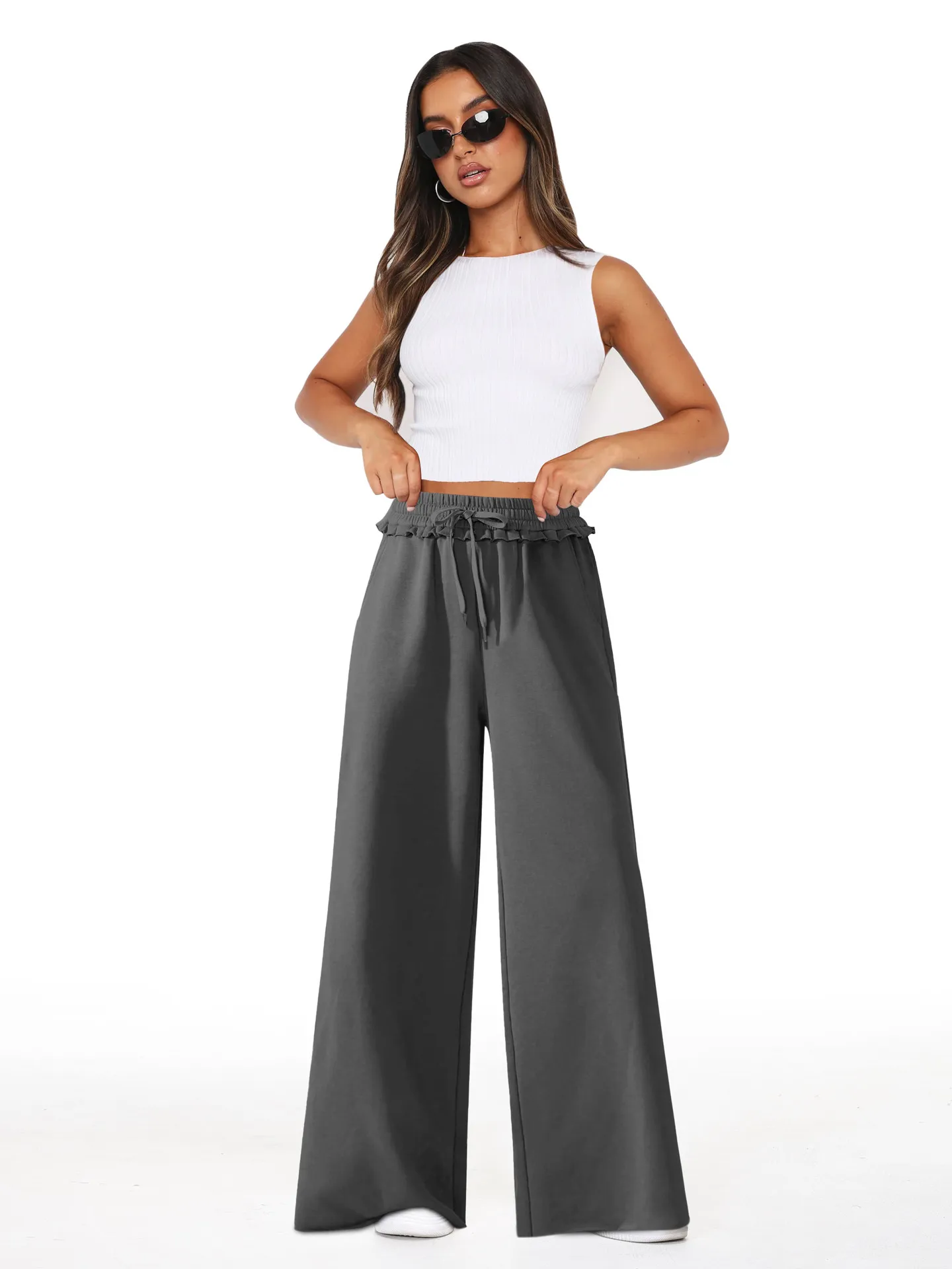 New Straight Casual Pant for Women Loose Lace-up Summer Thin Womens Wide-leg Pants