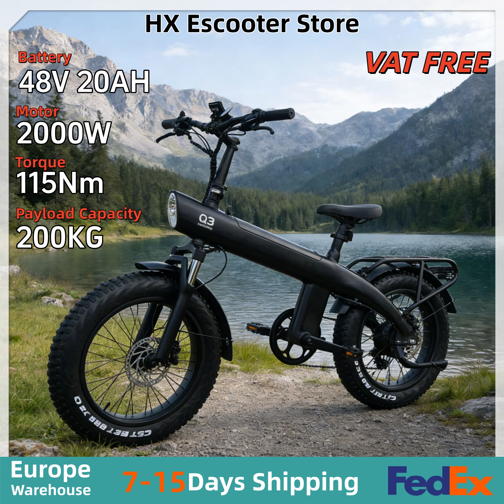 

Электровелосипед HX Q3 2000 Вт для взрослых, 115 Н·м, 48 В, 20 А·ч, со съемной батареей, складной, с толстыми шинами 20*4 дюйма