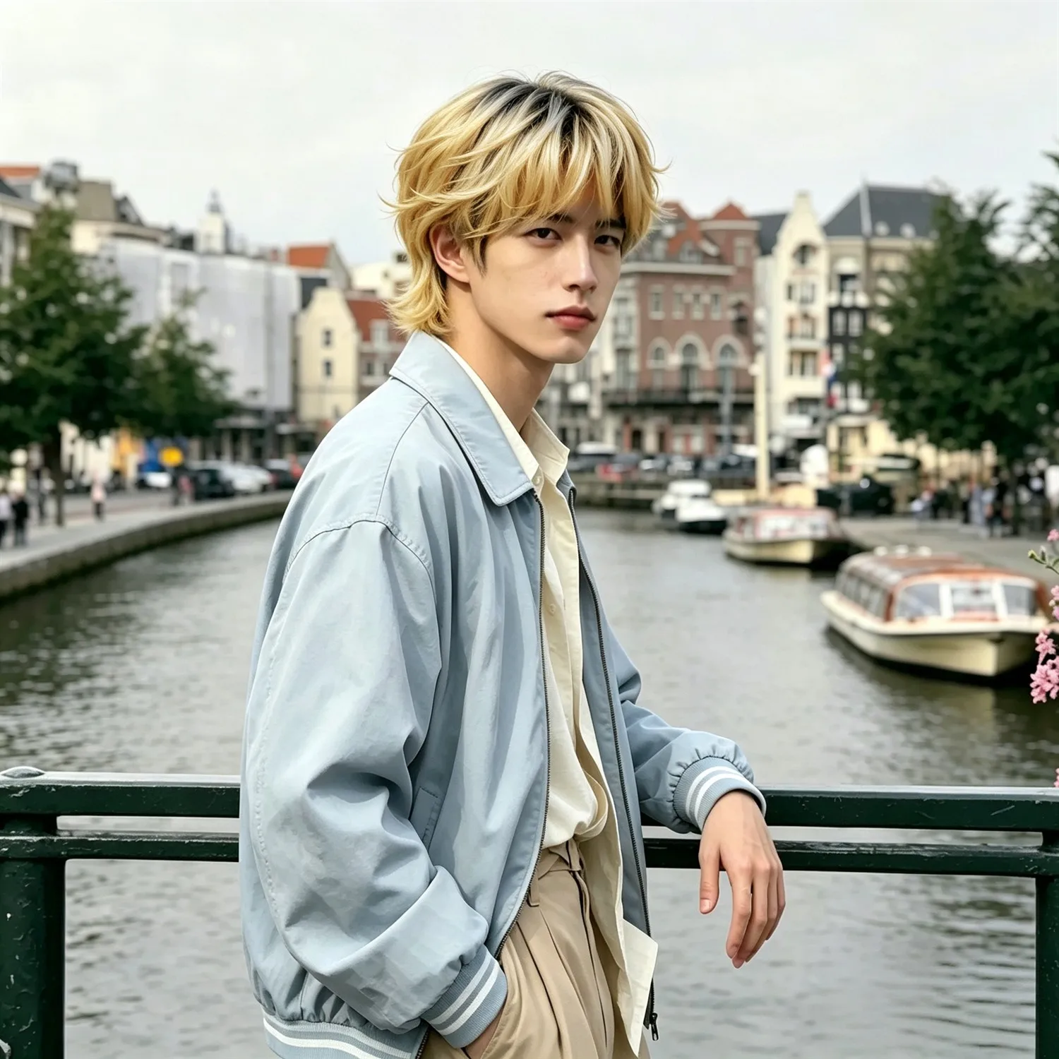 Korean Mullet Wolf Cut Wig Blonde With Silver Highlights For Men Women Heat Resistant Synthetic Wig