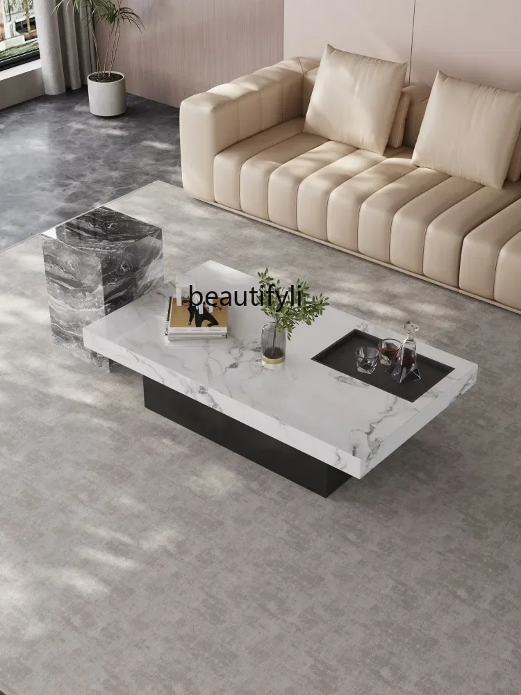 

02C Nordic Italian Style Light Luxury Stone Plate Coffee Table Designer Marble Square Luxury Stone Combination Small Apartment