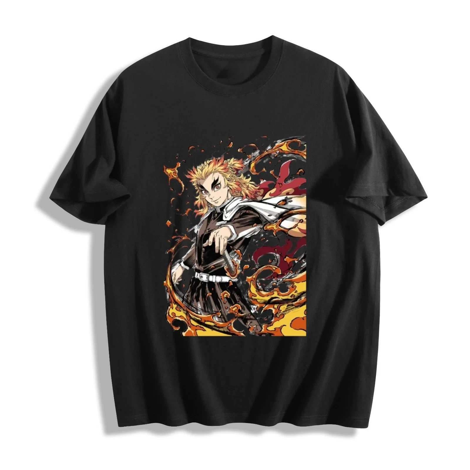 Sommer-Sonderangebot Demon Slayer Kyojuro Rengoku Flammen-T-Shirt - Feuriges Helden-Design Unisex-Tee Herren Rundhals Kurzarm