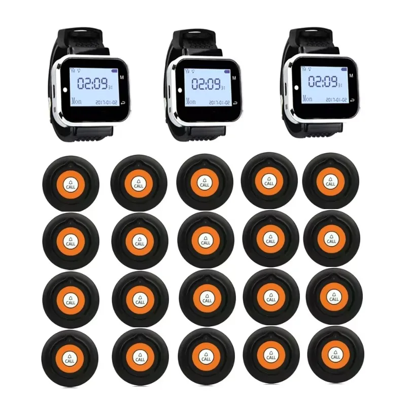 Wireless Paging System Guest Call Waiter Pager 4 Watch Receiver + 20 Call Button Queue System for Restaurant or Cafe Clinic