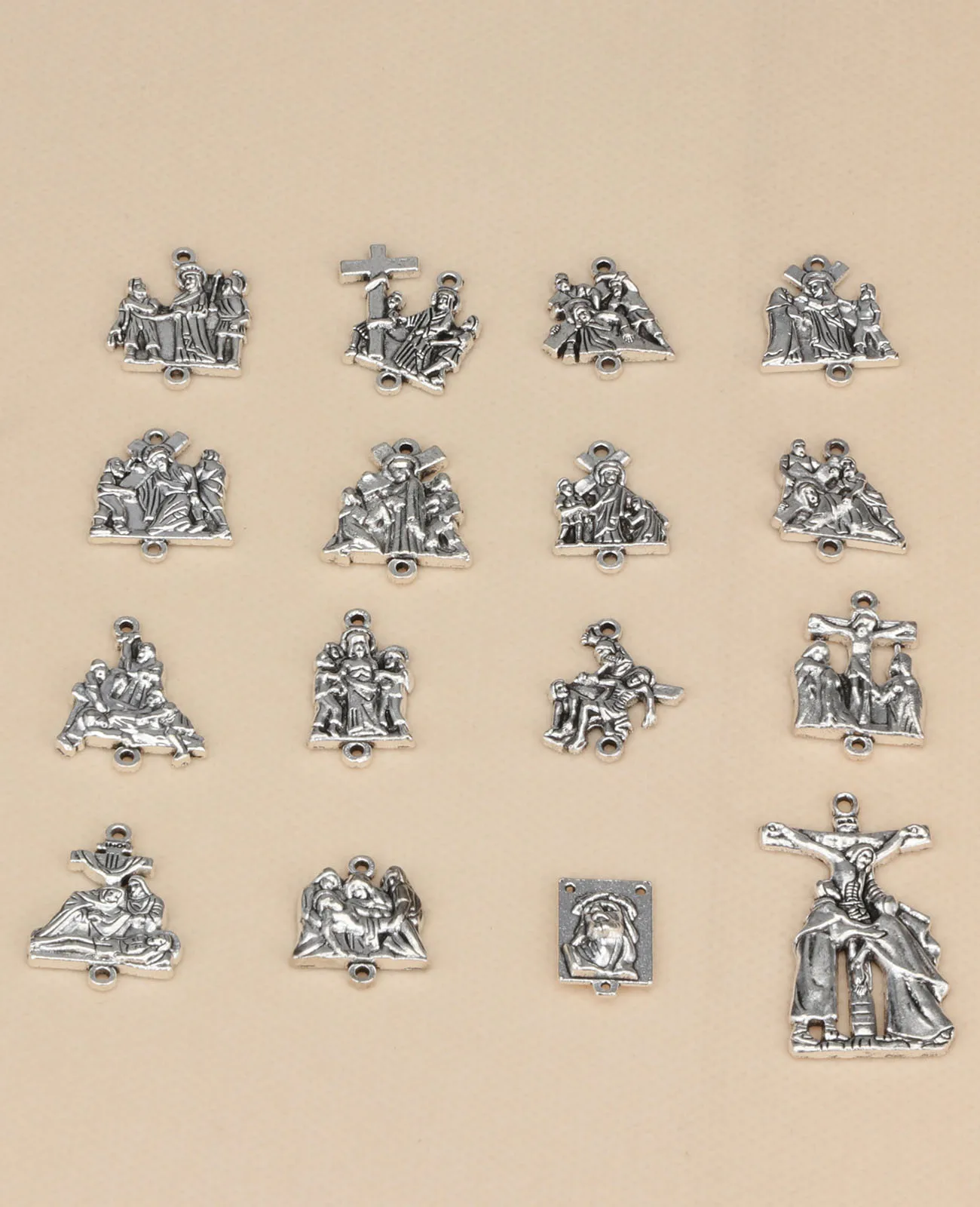 16Pcs Stations Cross Signs Devotional Medals Crucifix Jesus Cross Crown of Thorns Pendant Set for Rosary DIY Accessories