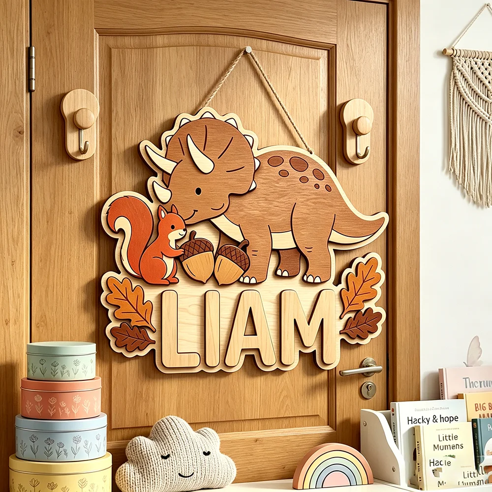 Personalized Dinosaur & Squirrel Name Sign for The Dearest Baby, Cute Neutral Woodland Kids Room Decor