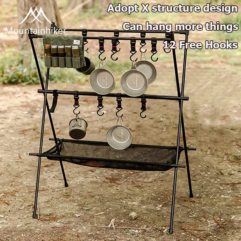 Mountainhiker Outdoor Cookware Rack, Folding Camping Triangle Rack, Mesh Basket (12 Hooks Included) + Storage Bag