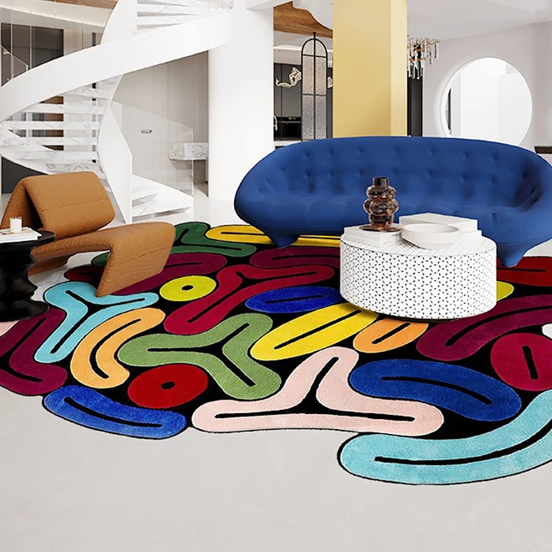 Living Room Rug Comfortable Loop-pile TPR Floor Mat Non-slip Stain-resistant Carpet Contrast Color Shaped Rugs Home Decor Mats