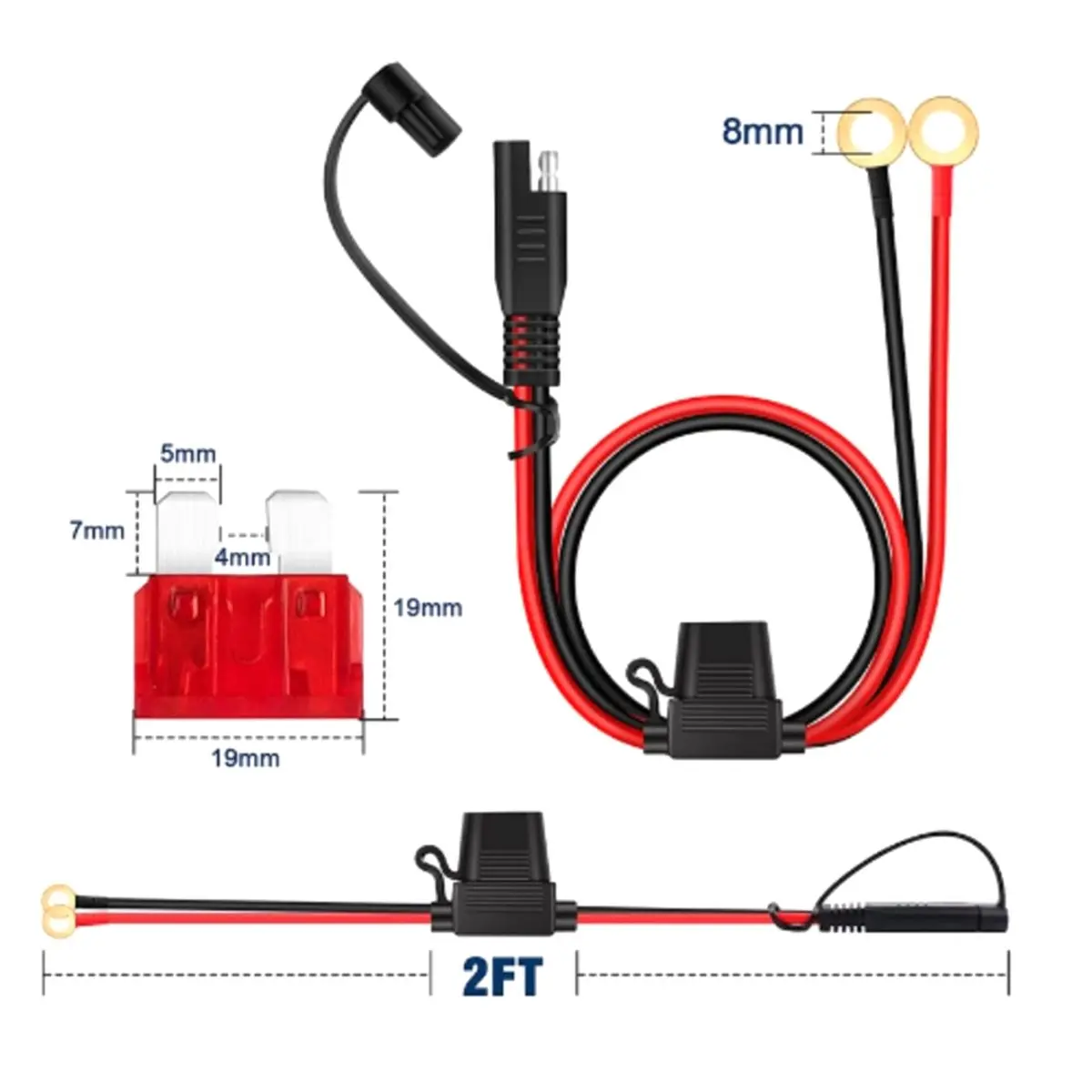 A43TBG 12V 16AWG Cable for Battery SAE to O-Type Terminal with Fuse Quick Extension Cord for Battery Charger/Maintainer