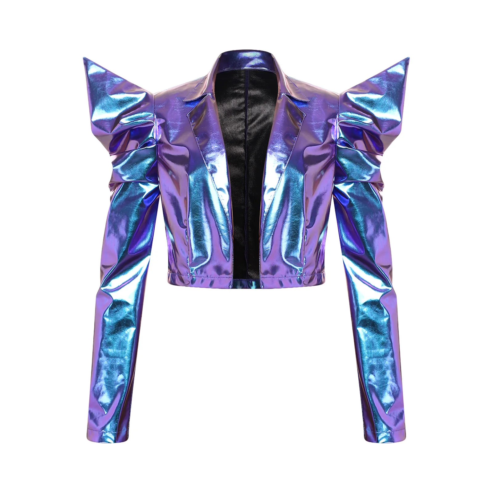 

Womens Metallic Shiny Crop Jacket Dramatic Puff Sleeve Long Sleeve Open Front Crop Blazer Outerwear for Halloween Cosplay Party