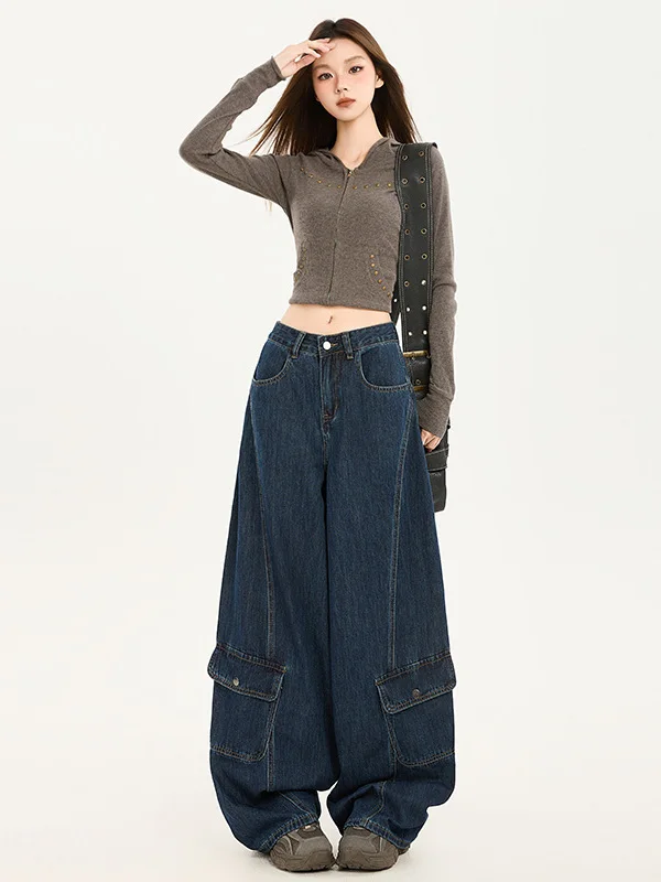 

Retro Camouflage Loose Fashion Workwear Jeans Women's Multi-Pocket Versatile American Style Slimming Pants High Waist Zipper ...