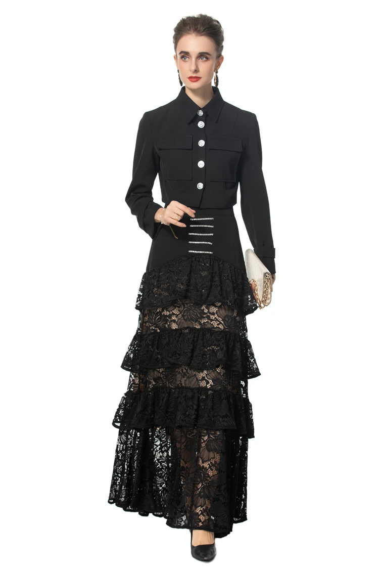 Women's Two Piece Dress Sets Turn Down Collar Long Sleeves Blouse with Tiered Lace Skirts Fashion Twinsets