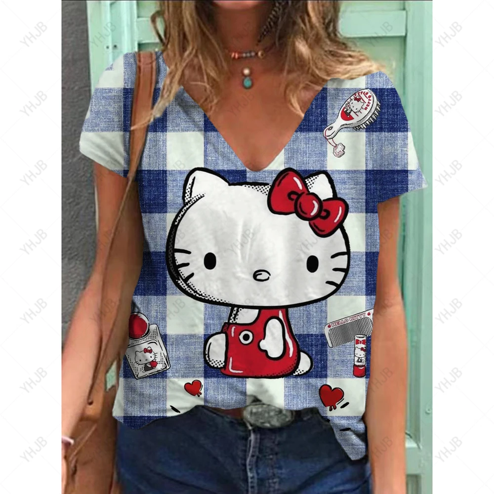 

2025 Hello Kitty, женская модная трендовая футболка с v-образным вырезом, спортивная повседневная верхняя одежда для девочек, футболка, униформа, спортивный костюм, спортивная одежда, новинка