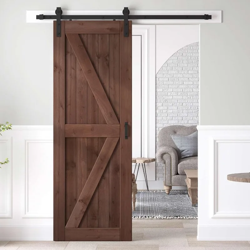 32x84 inch Sliding Barn Wood Door Slab with 5.5ft Hardware Kit and Handle, Coffee, K Shape, Simple DIY Assembly