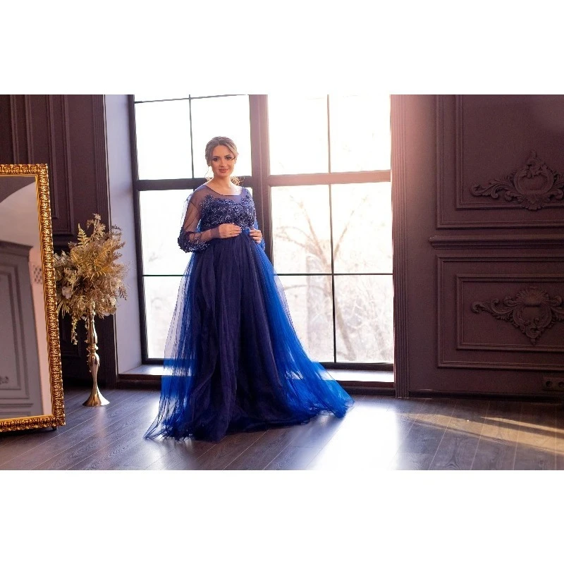 Customization Navy Blue Lace Tulle Maternity Gown – Long Elegant Dress for Photoshoot, Baby Shower & Formal Events