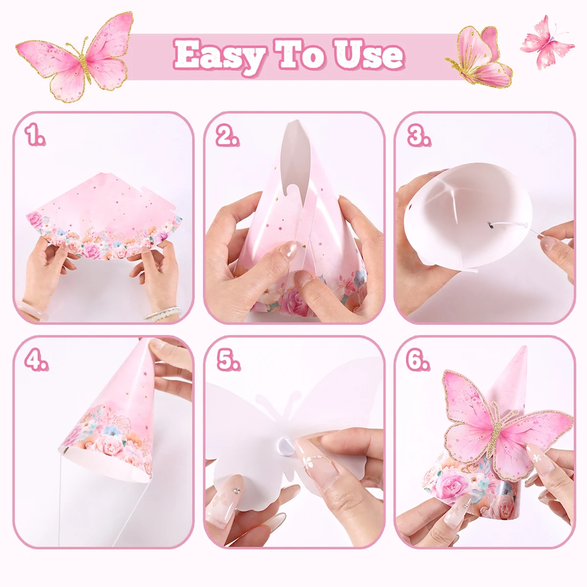 6pcs Mixed Pink Purple Butterfly Party Hats with Elastic String Paper Birthday Hat with Butterfly Stickers for Girls Photo Props view 3