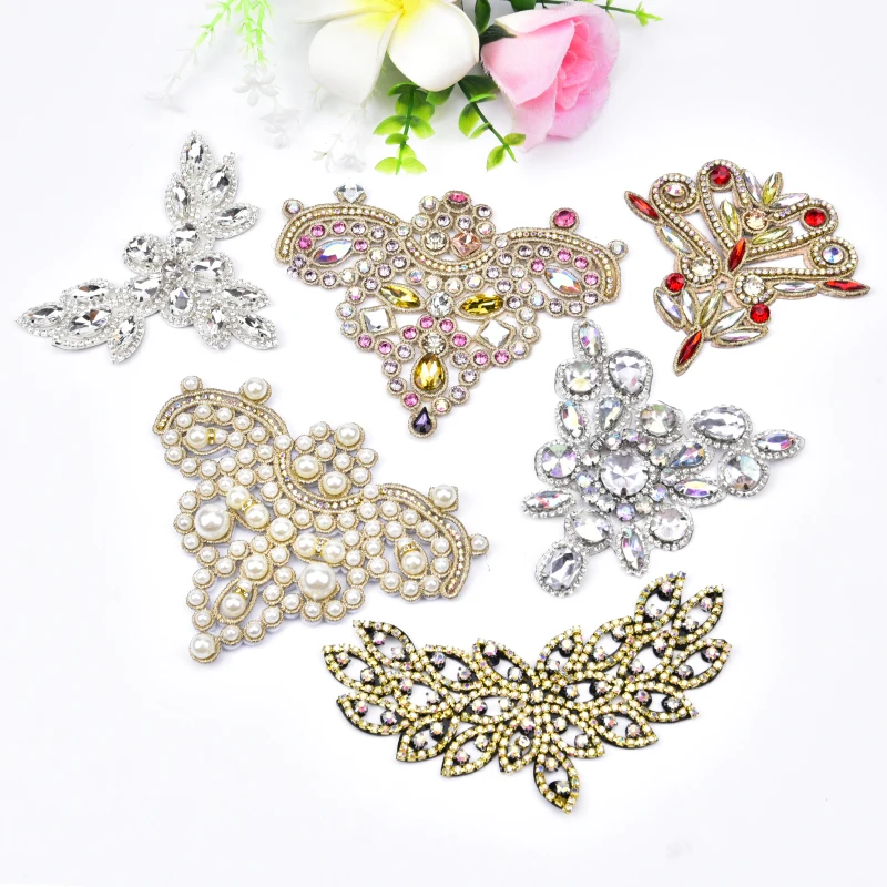 2Pcs Rhinestone Applique Crystal Bow Pearls Glass Stone Patches Embroidery Trim Sew On Shoes Bags Hats Clothes Decoration