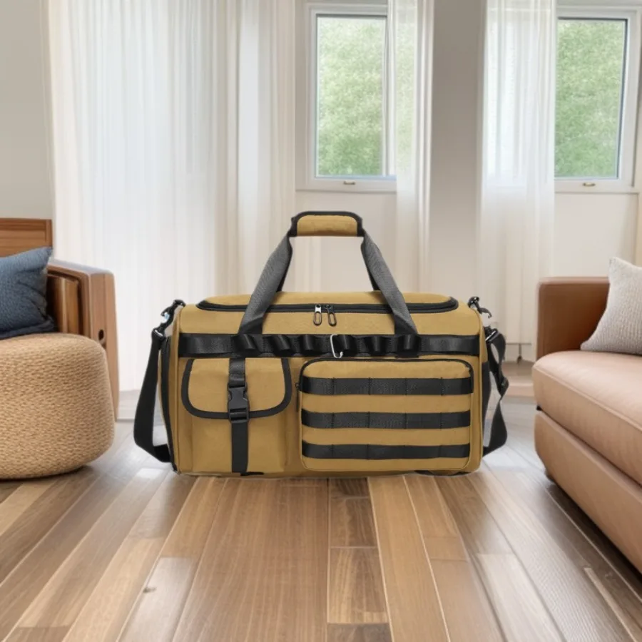 【New Arrival】 Tan Tactical Duffel Bag, Large Capacity Travel Gym Bag with MOLLE Webbing & Detachable Strap - Image 2