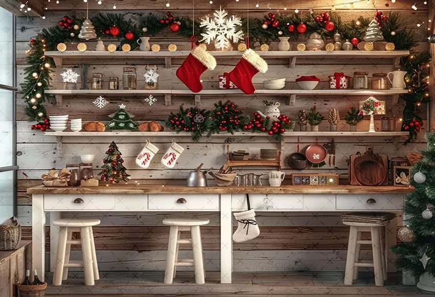 Mehofond Photography Background Christmas Kitchen Cabinets Wood Wall Xmas Tree Kids Family Portrait Decor Backdrop Photo Studio