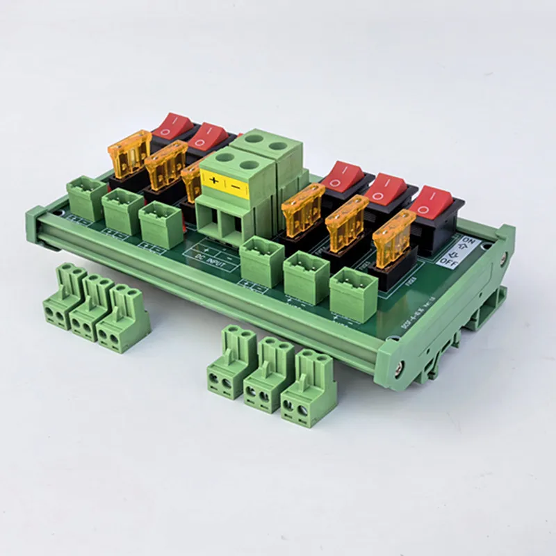 DIN Rail Mount 6 ChannelDC Power Distribution Module Red Rocker Switch Fused Pluggable Wiring Terminal Block
