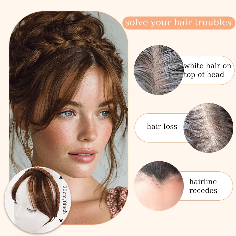 Ikat Kepala Kepang Sintetis dengan Wig Poni Coklat Poni Samping dengan Ikat Rambut Kepang Buatan Tangan untuk Wanita