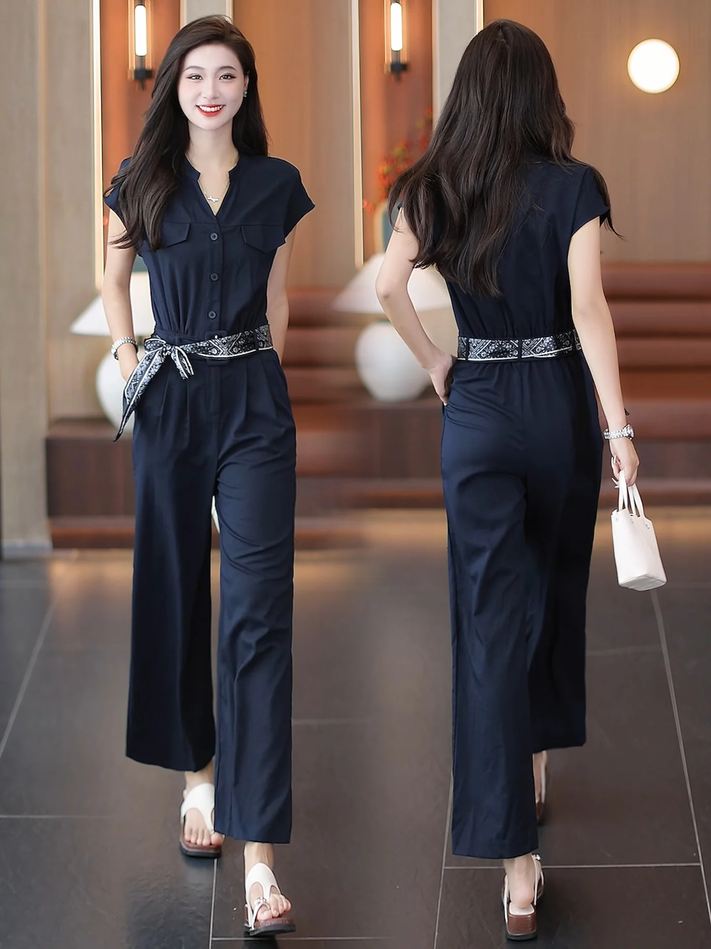 ファイオナブル レディース スーツセット スリム ワンピースパンツ Vネック ロングパンツ ボタン留め エレガント 夏服