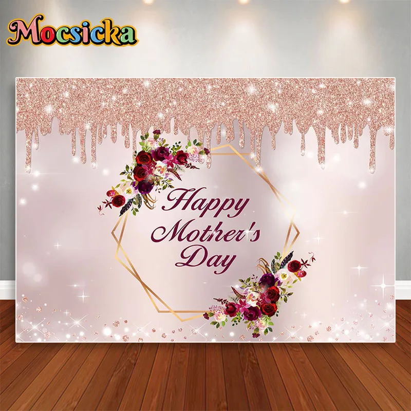 Mocsicka Birthday Photozone Silvery Pink Glitters Balloons Frame Flowers Party Decor Photography Backdrops Backgrounds Banner