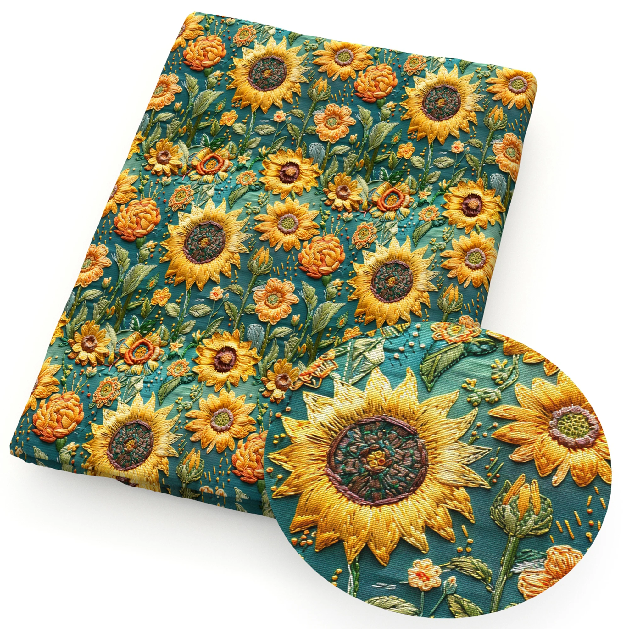 50*145cm Sunflower 3D Floral Imitation Embroidery Printed Polyester/Pure Cotton Fabric Patchwork Sewing Quilt Needlework Cloth