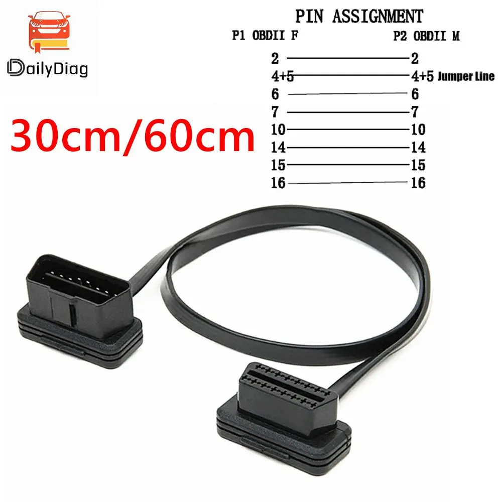 

30/60/100CM Flat+Thin As Noodle 16 Pin Socket OBD2 16Pin Male to Female Car Scanner Extension OBD Cable Connector