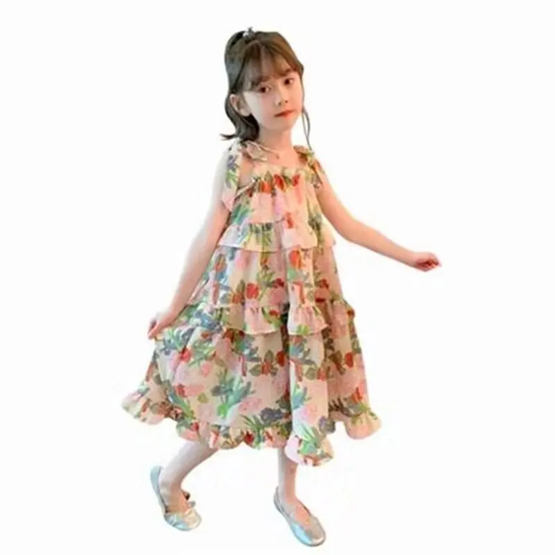 Verão nova moda floral estilo campo vestido para meninas do bebê colorido floral vestido de manga curta para meninas de 3 a 7 anos