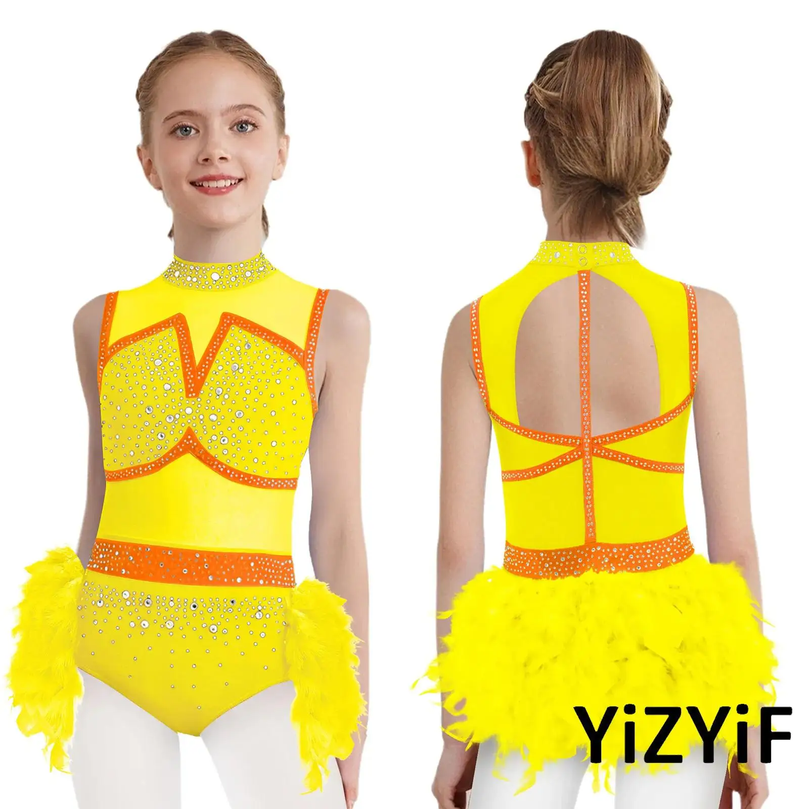 

Kids Girls Figure Ice Skating Dance Costume Lyrical Ballet Latin Jazz Dance Performance Leotard Sleeveless Rhinestones Bodysuit