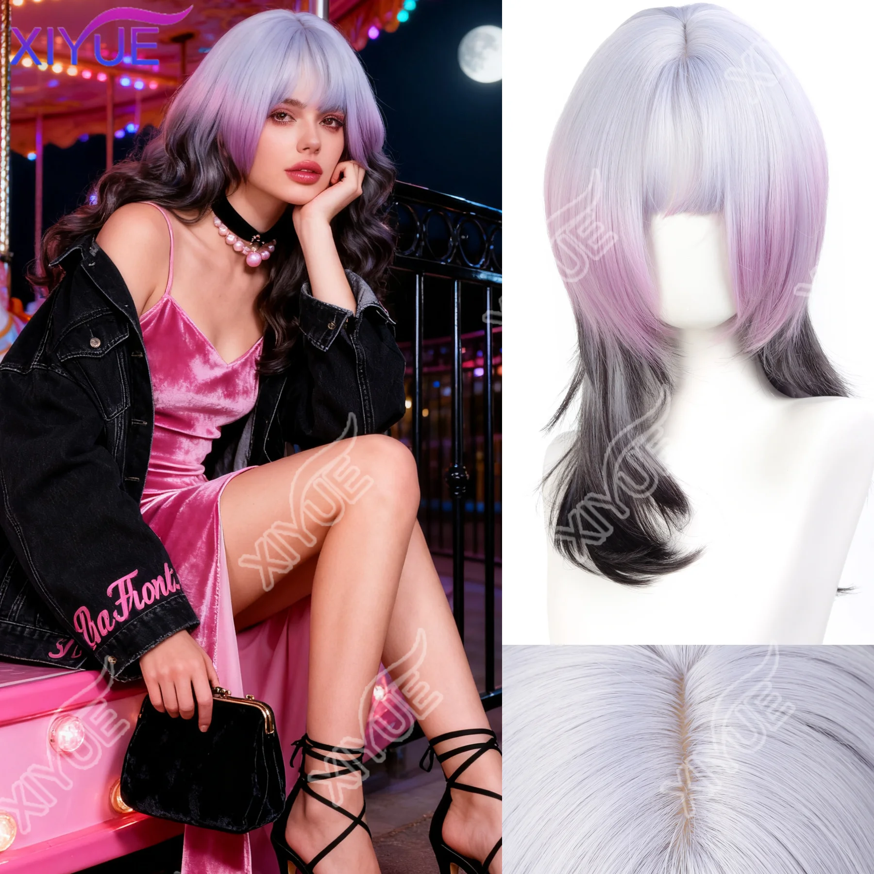 XIYUE Gradient Purple Black Medium Straight Jellyfish Wig with Bangs Natural Layered Wig Suitable for Women Daily Party