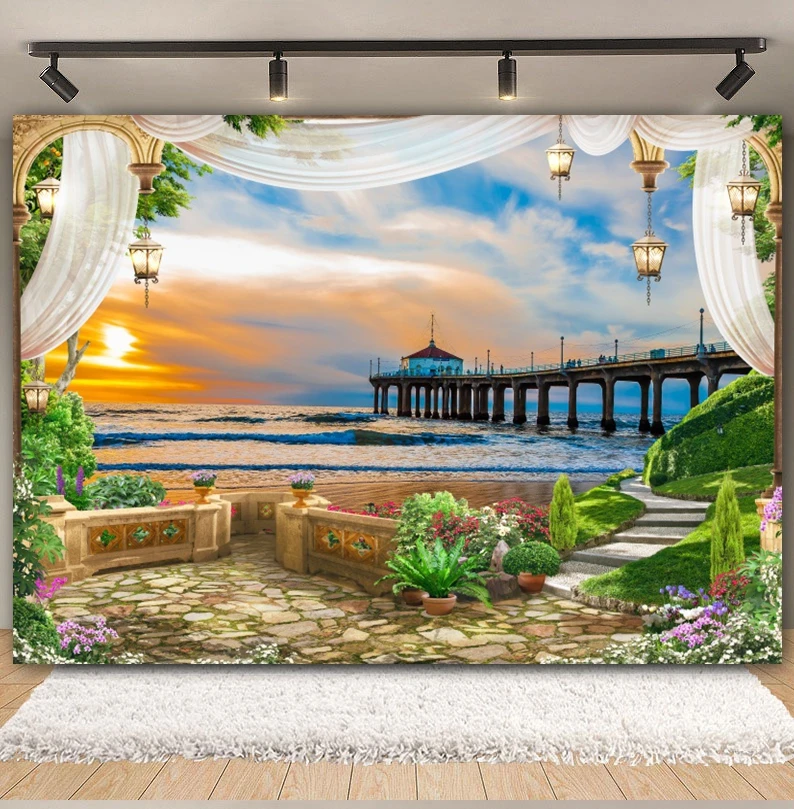 Summer Sea Landscape Backdrop Palace Balcony Curtain Tropical Beach Seaside Ocean Wedding Birthday Party Photography Background