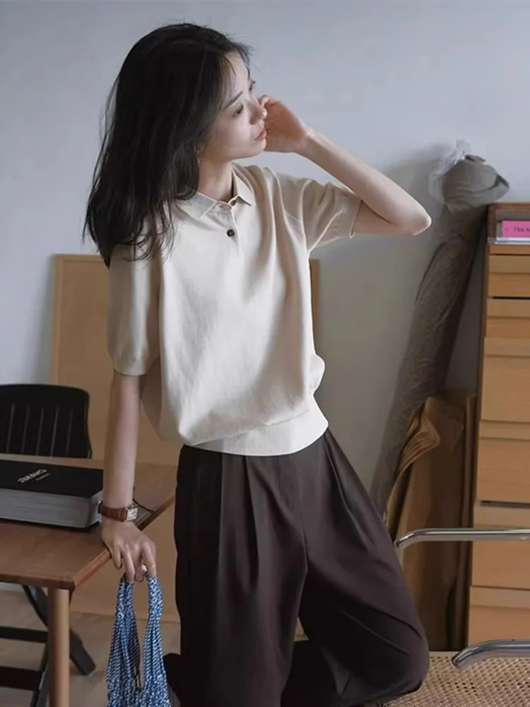 เสื้อไหมน้ำแข็งถักลายดีไซน์เฉพาะตัว แขนสั้น ทรงเกาหลี แฟชั่นฤดูร้อนสำหรับผู้หญิง ผ้าบางเบา ใส่สบาย