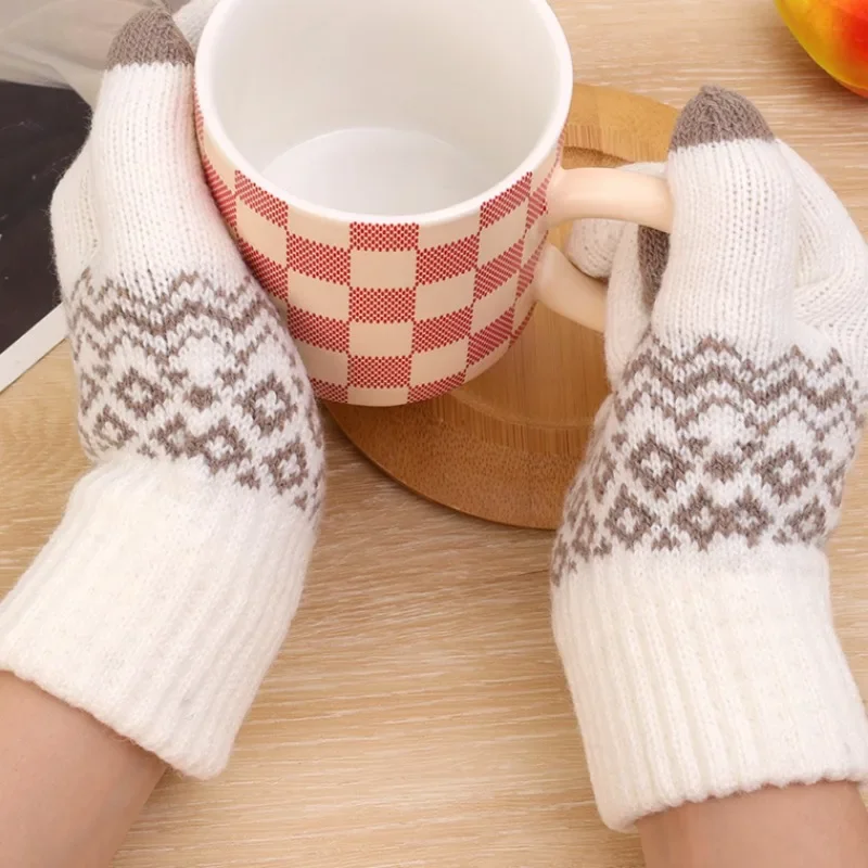 Touchscreen Anti Cold Glove Jacquard Wave Knit Mitten Breathable Soft Warm Gloves Winter Outdoor Hand Protection Knitted Mittens