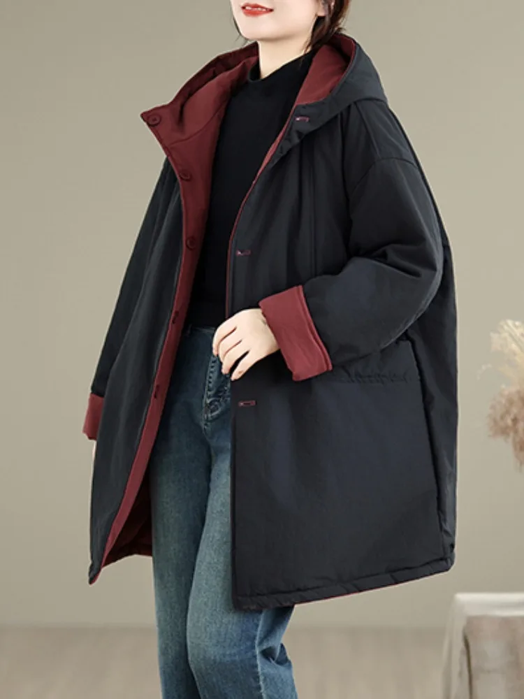 

Thiened Cotton Jaet Hooded Long Winter Coat Women's Faion Anti-Aging Warm Coat Large Coat Button Sle Straight Tube