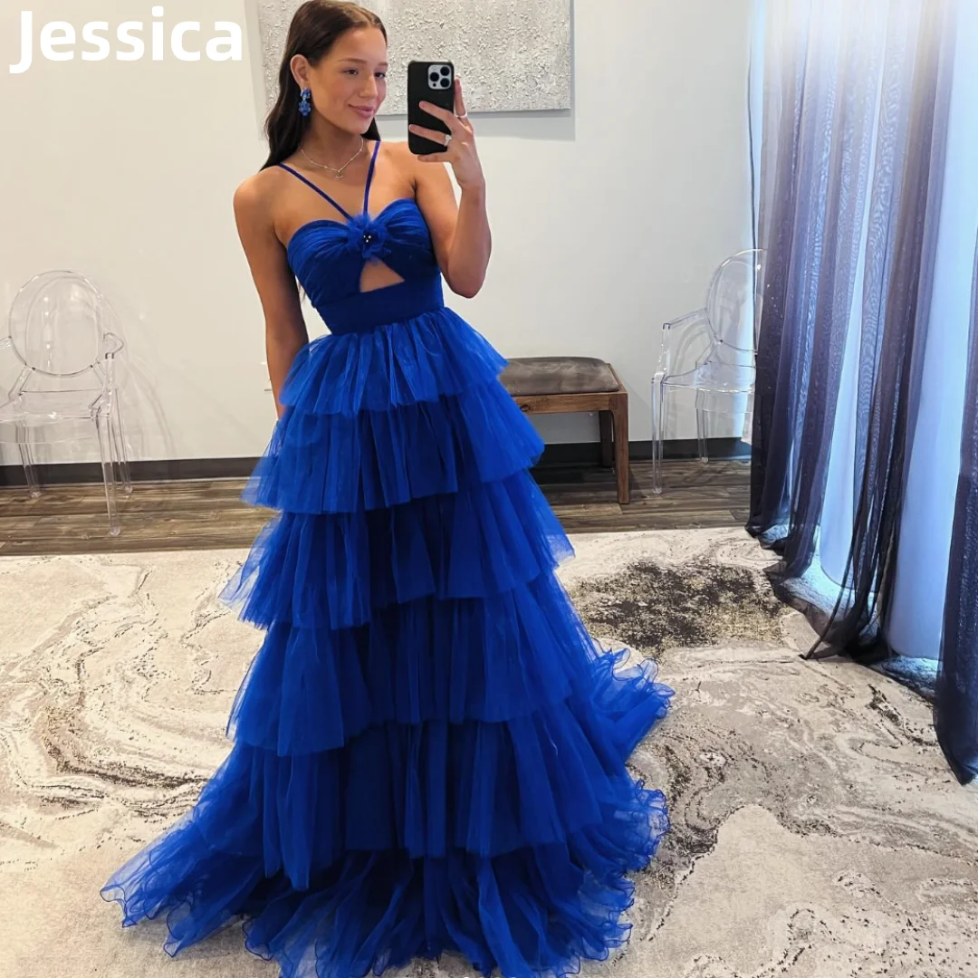 

Jessica Dark Blue Halterneck Tulle Prom Dresses Sweet Formal Wear Evening Dresses Graduate Party Dresses 2024Wedding Dress