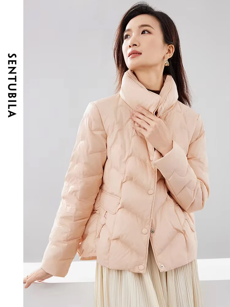 SENTUBILA Winter Gentle 90 White Duck Down Jacket for Women 2024 Autumn Warm Single Breasted Lightweight Crop Jacket W34Y50153