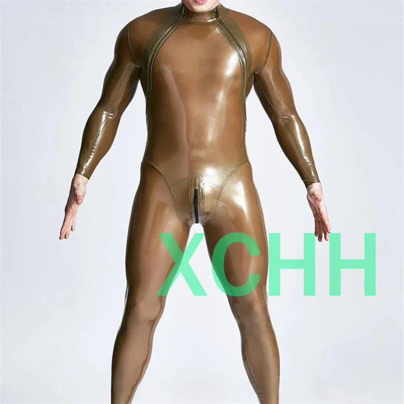 Latex Catsuit Double Zip Diagonal Design Sexy Latex Tight Jumpsuit Rubber Catsuit Clothing with Crotch Zip