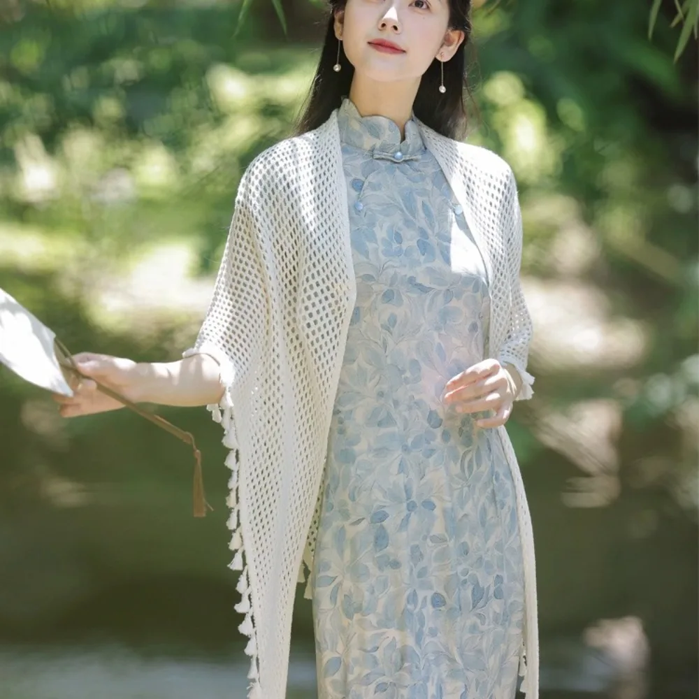 

Женская мода с кисточками, длинная вязаная шаль в китайском стиле, простой открытый кардиган, роскошная ажурная солнцезащитная верхняя одежда, весна-осень