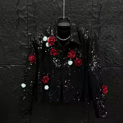Niche Style Fashion 3D Flower Decoration Sequin Suit Jackets DJ Singer Stage Performance Casual Blazers