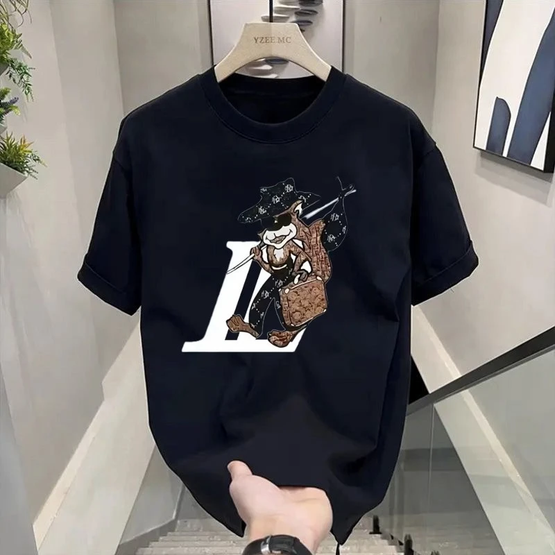 

Hong Kong Trendy Brand Heavy Cotton Ruffian Handsome T-shirt American Printed Men's Summer Round Neck Loose and Versatile Top
